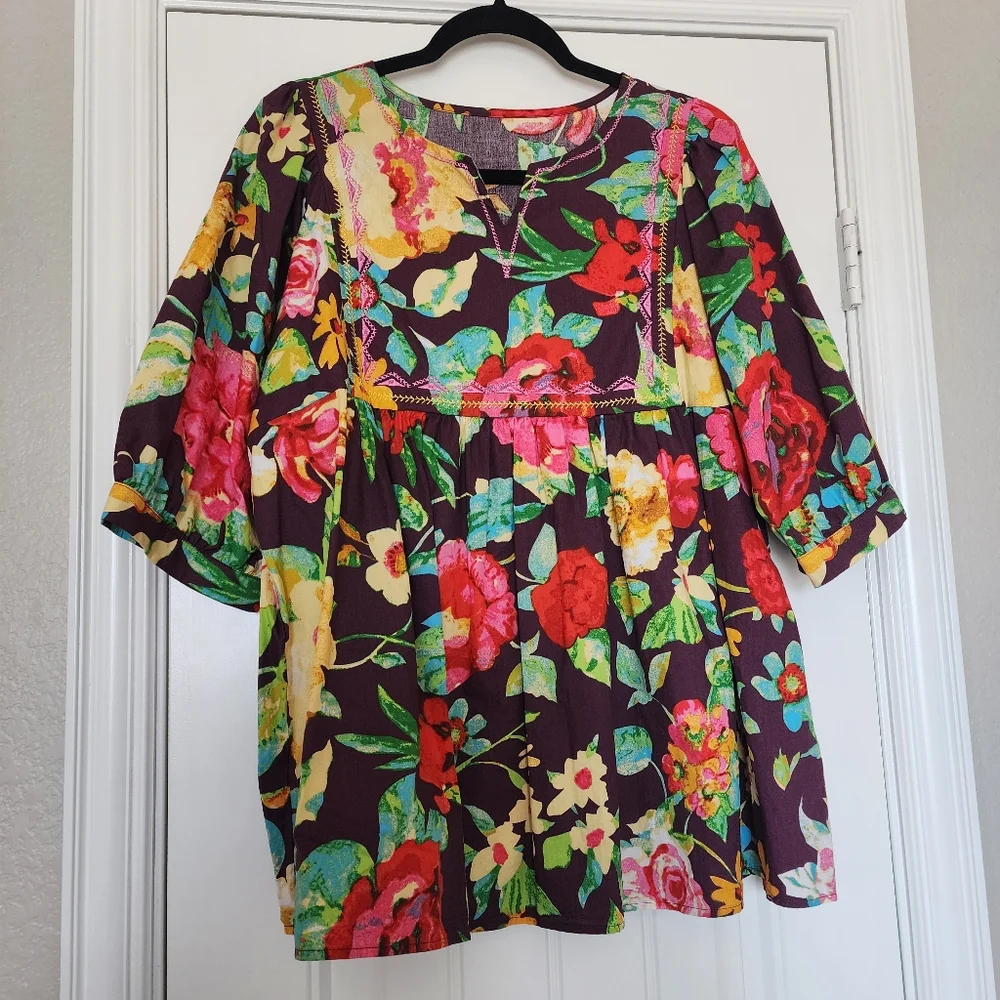Boutique Purple Floral Embroidered Multicolor Women's Puff Sleeve Top XL - Picture 2 of 13